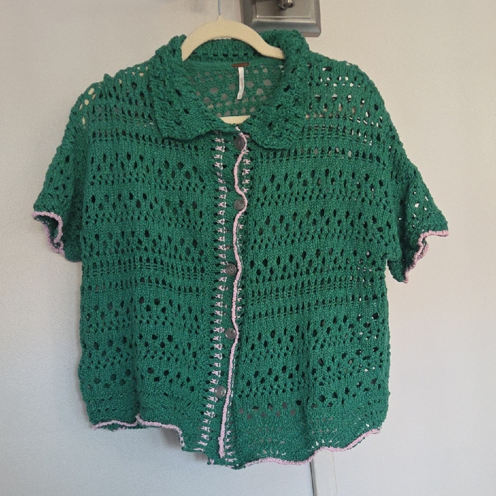 Free People Green Crocheted Short Sleeve Cardigan